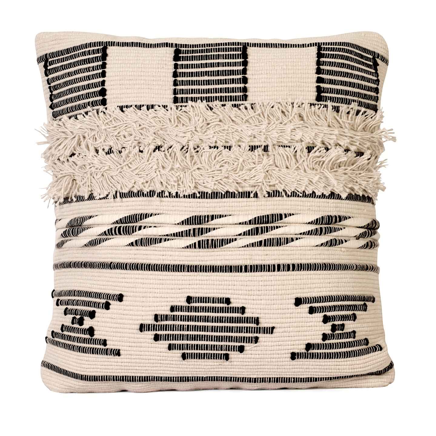 Nomaadi Boho Black & Ivory Fuzzy 18 x 18 Inches Handcrafted Cotton Cushion, Throw Pillow Cover for Home Decor Handmade Rug Pillow Cover for Sofa Antique Design Cushion Cover for Living Room Decor | Pack of 1 - photo