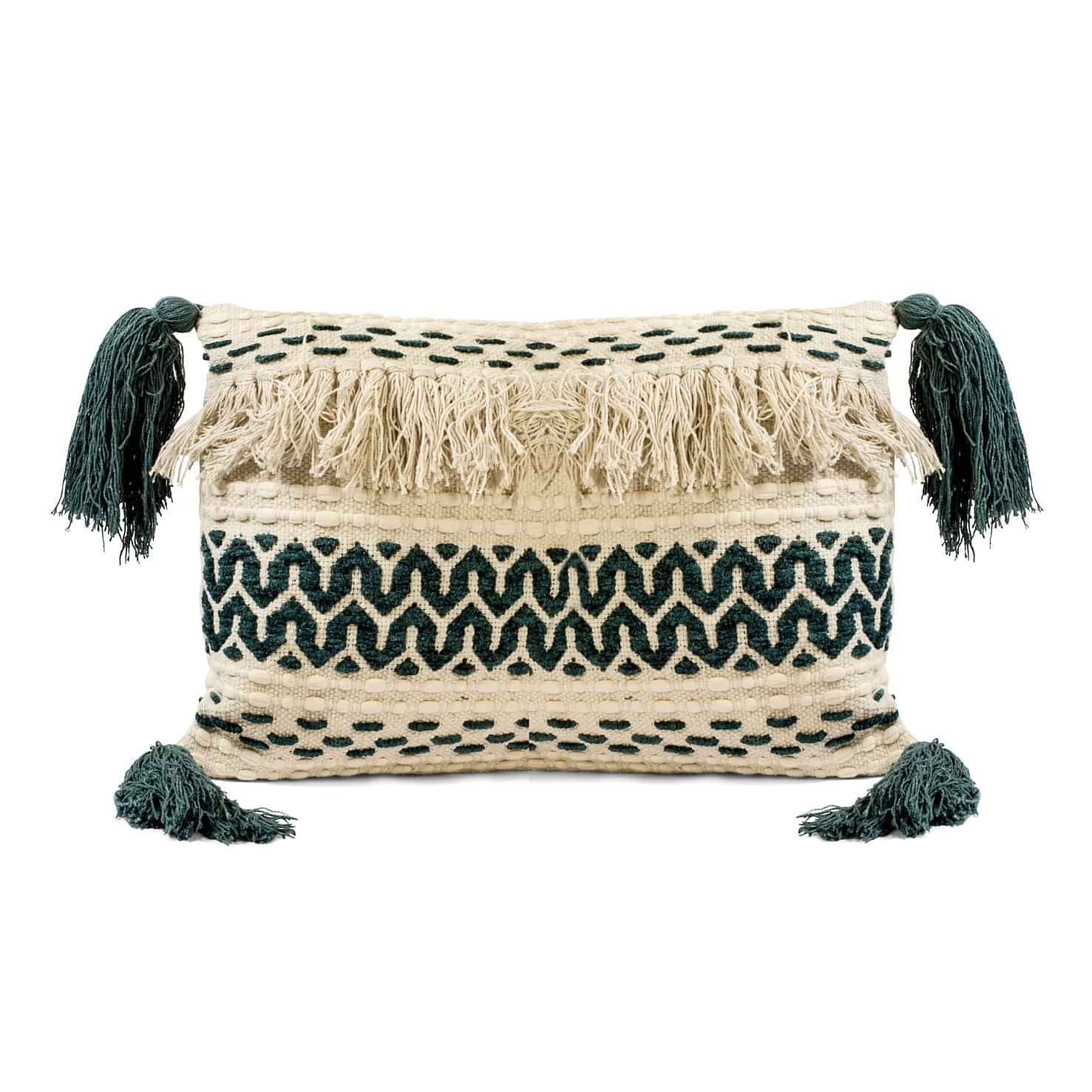 Nomaadi Boho Rectangle Jute Cushion Cover with Tassel - 16x24 Inches, Cream & Bottle Green - photo