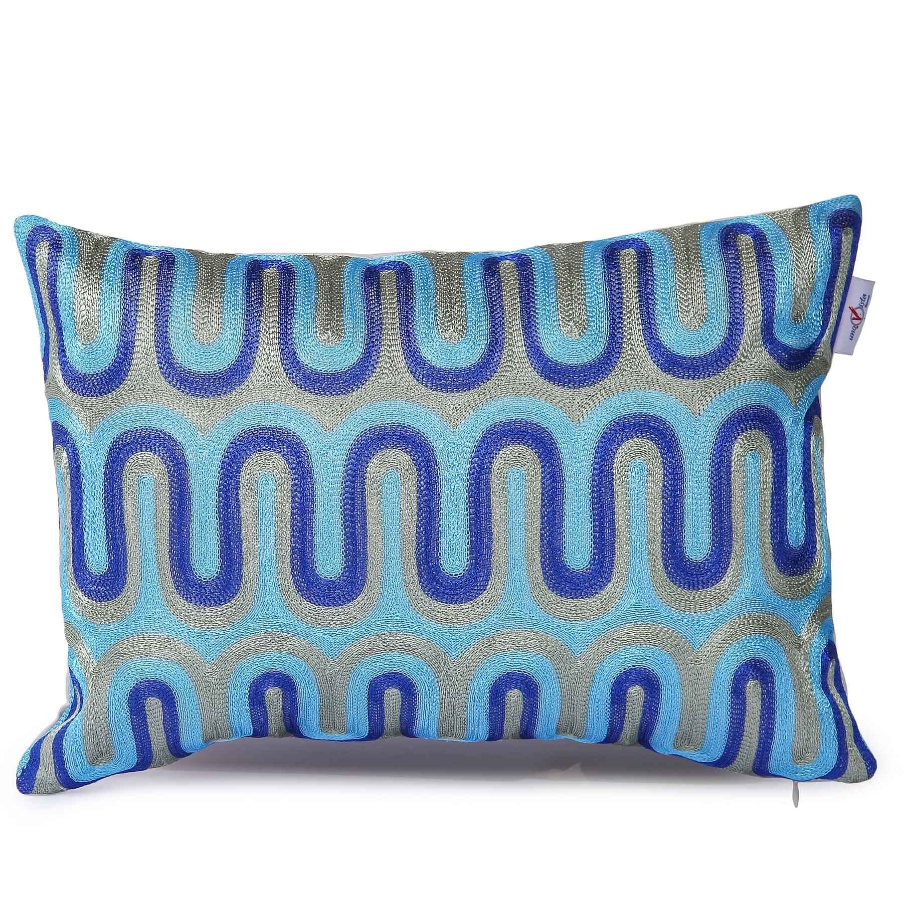 Nomaadi Blue Geometrical Embroidered Lumbar Cushion Cover 12x20 inches Home Decor Decorative Throw Pillow Living Room Bed Sofa Chair - photo