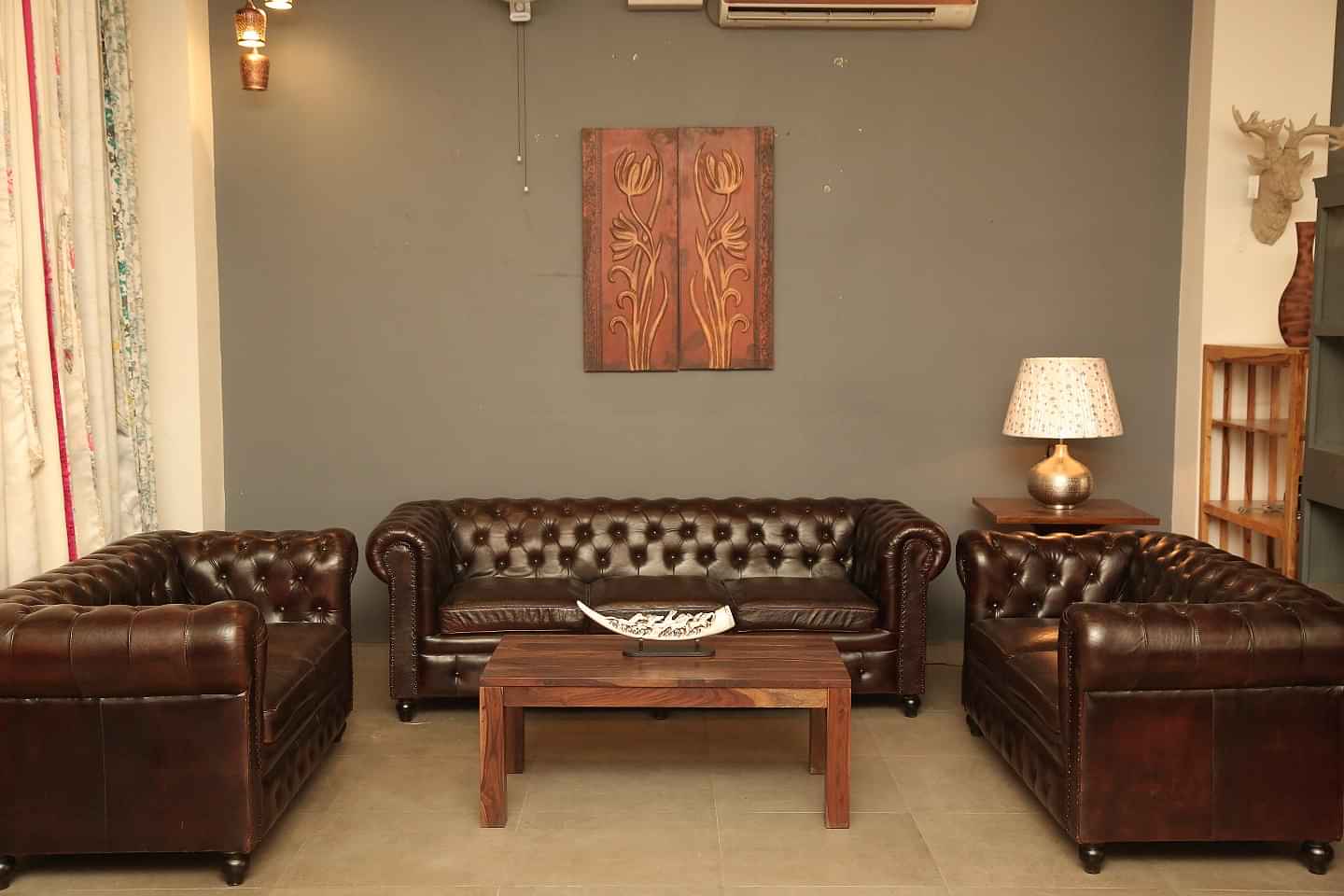 Buff Leather Chesterfield Sofa (3+2+2 Seater) - photo